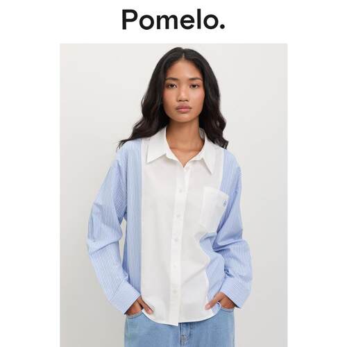 Pomelo 蓝白拼接条纹衬衣女新款宽松显瘦设计感小众长袖衬衫上衣