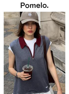 Pomelo 半拉链荷叶边假两件撞色Polo领迷你连衣裙女