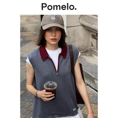 Pomelo 半拉链荷叶边假两件撞色Polo领迷你连衣裙女