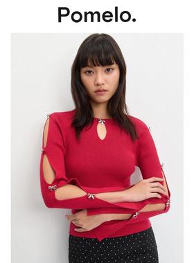 Pomelo 镂空挖剪设计针织衫蝴蝶结修身坑条显瘦辣妹风针织上衣