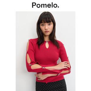 坑条显瘦辣妹风针织上衣 蝴蝶结修身 Pomelo 镂空挖剪设计针织衫
