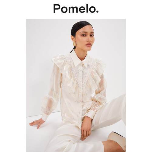 Pomelo 休闲碎花荷叶边甜美长袖衬衫