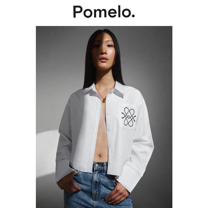 Pomelo 潮酷风白色短款衬衣口袋刺绣明线设计宽松显瘦百搭衬衫,女装/女士精品,衬衫,淘宝优惠券,粉丝福利购,淘宝优惠卷