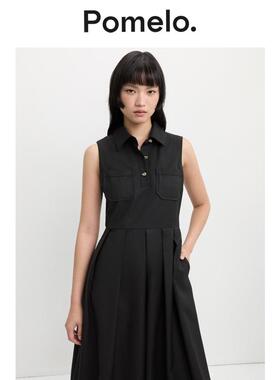 Pomelo 黑色无袖衬衫连衣裙新款收腰显瘦通勤风百褶中长裙