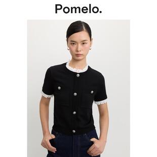 Pomelo 上衣女 蕾丝边针织T恤黑色金属扣设计感显瘦短袖