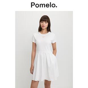字短裙女 Pomelo 清新风白色刺绣连衣裙女收腰显瘦圆领短袖