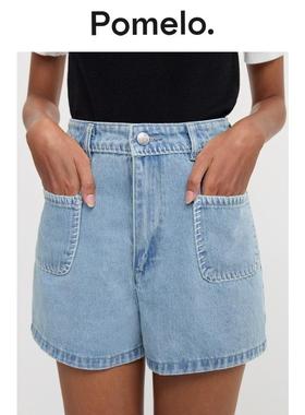 Pomelo 缝线细节高腰牛仔短裤 - 浅蓝色