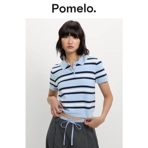Pomelo 学院风撞色条纹针织polo衫显瘦短款辣妹风T恤上衣