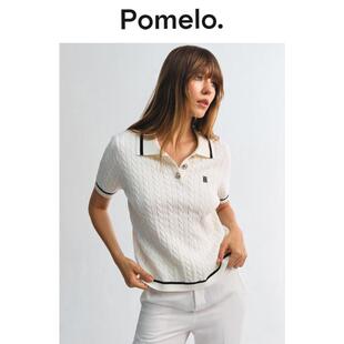 Pomelo 配银色五金装 饰短袖 T恤 白色绞花针织Polo衫