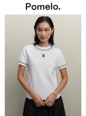 Pomelo 休闲简约白色撞色短袖针织上衣女