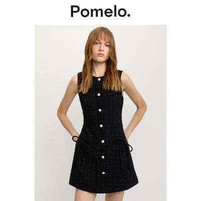 Pomelo 高贵优雅纽扣黑色粗花呢短裙收腰小香风连衣裙