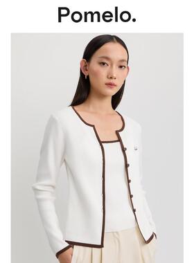 Pomelo 淑女风假两件撞色拼接小V领设计长袖针织开衫女