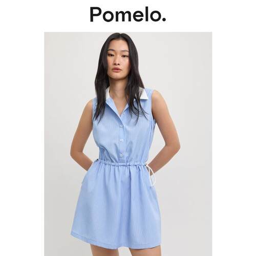 Pomelo 2026夏季新品蓝色条纹清新学院风翻领抽绳无袖迷你连衣裙