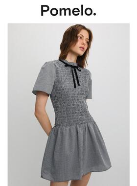 Pomelo 格纹蝴蝶结抽褶连衣裙 - 黑色