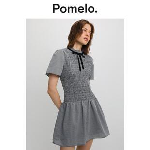 Pomelo 黑色 格纹蝴蝶结抽褶连衣裙