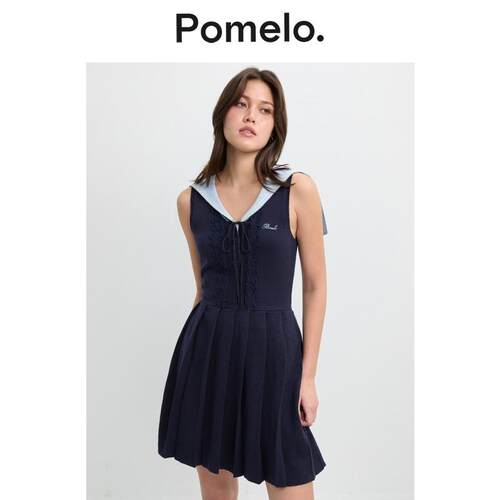 Pomelo 藏青色无袖连衣裙新款水手领系带收腰显瘦百褶连衣裙女