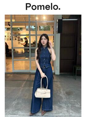 Pomelo 时尚百搭双腰带高腰休闲深蓝色牛仔阔腿裤女