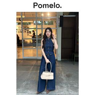 女 易搭双腰带高腰休闲深蓝色牛仔阔腿裤 Pomelo 时尚