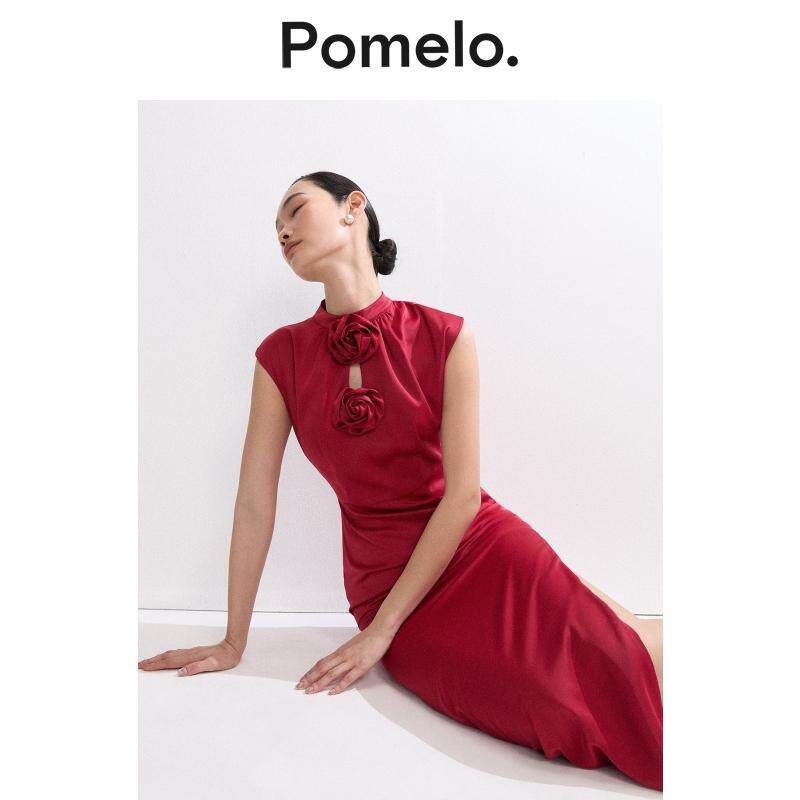 Pomelo 氛围感红色无袖连衣裙女立体花朵修身显瘦礼服连衣裙