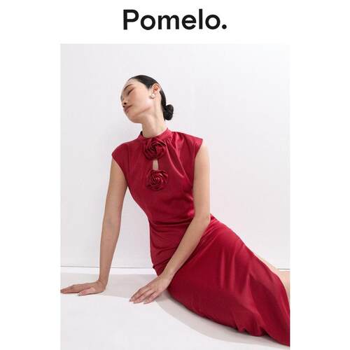 Pomelo 氛围感红色无袖连衣裙女立体花朵修身显瘦礼服连衣裙