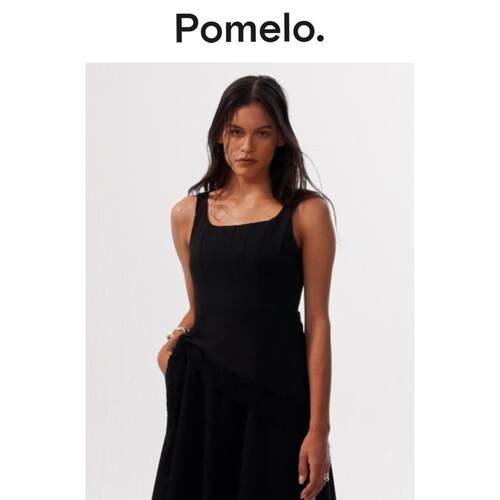 Pomelo 法式复古风黑色方领吊带裙显瘦气质中长款连衣裙女