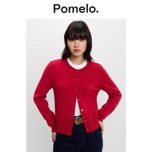 Pomelo 氛围感红色刺绣针织开衫软糯通勤显瘦易搭毛衣外套秋冬