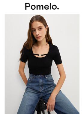 Pomelo 修身气质肩带细节黑色方领针织短袖上衣女