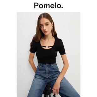 上衣女 气质肩带细节黑色方领针织短袖 Pomelo 修身