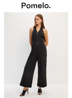 Pomelo 黑色牛仔前拉链连体裤