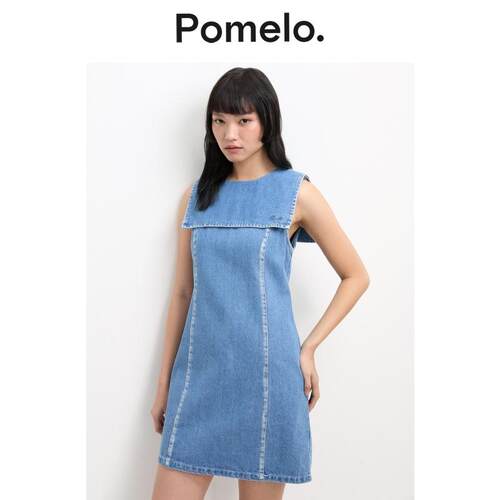 Pomelo 复古风无袖牛仔裙女新款圆领显瘦直筒小个子A字连衣裙