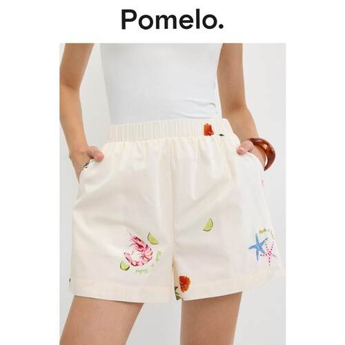 Pomelo 海边度假风刺绣短裤女高腰宽松显瘦松紧腰休闲阔腿热裤