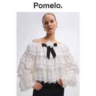 衬衫 Pomelo 甜辣风白色蕾丝衬衣一字肩蝴蝶结层叠设计感显瘦短款