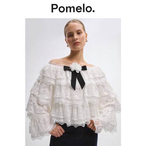 Pomelo 甜辣风白色蕾丝衬衣一字肩蝴蝶结层叠设计感显瘦短款衬衫