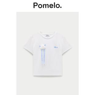 Pomelo 白色立体花朵飘带T恤女小刺绣标点缀显瘦甜妹风易搭短袖