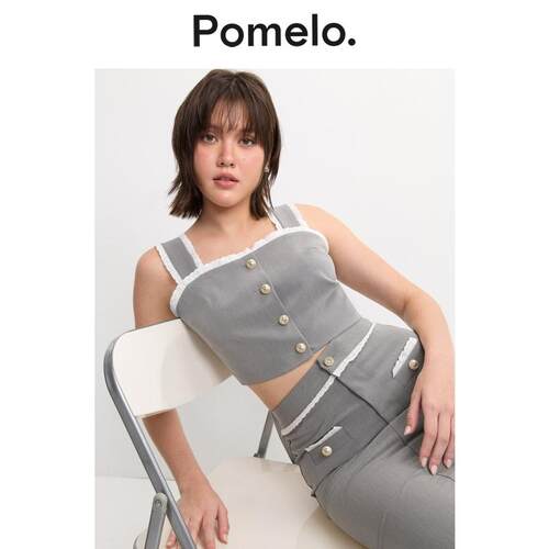 Pomelo 甜酷风灰色蕾丝包边背心单排扣短款显瘦通勤吊带背心女