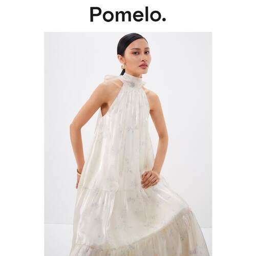 Pomelo 法式挂脖无袖连衣裙珠光感气质显瘦宽松垂感度假风长裙