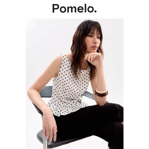 Pomelo 气质风黑白波点无袖T恤收腰显瘦短款T恤上衣女