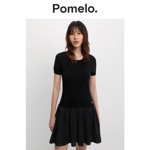 Pomelo 休闲甜美层次波点裙摆短袖连衣裙女