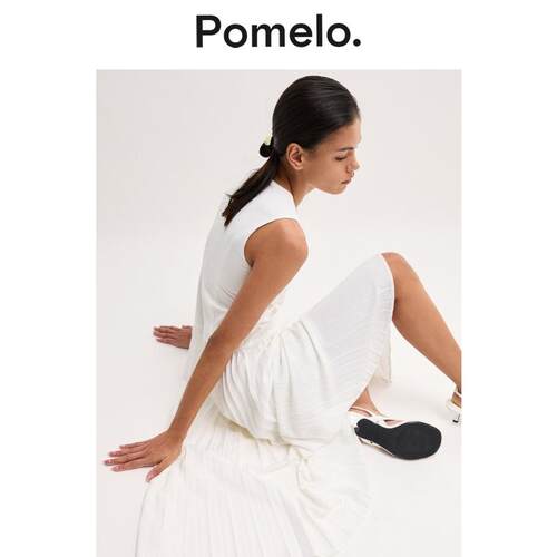 Pomelo 法式白色百褶裙女无袖扭结设计垂坠感显瘦气质背心连衣裙