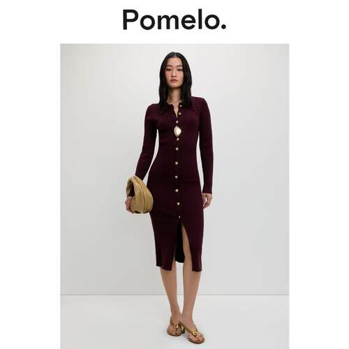 Pomelo 潮流针织连衣裙修身显瘦开叉包臀中长款连衣裙女