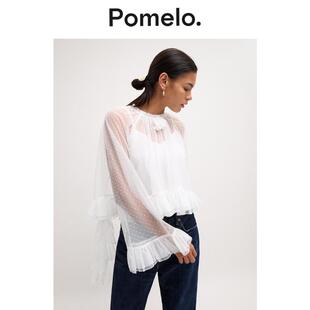 衬衫 Pomelo 荷叶边纯欲风系带立领长袖 女法式 女 白色网纱微透衬衫