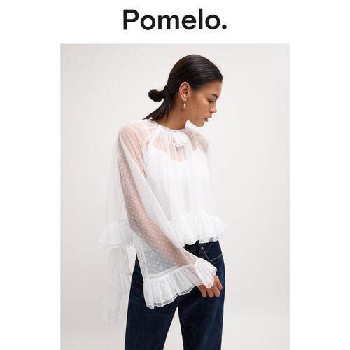 Pomelo 白色网纱微透衬衫女法式荷叶边纯欲风系带立领长袖衬衫女