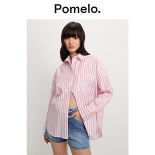 衬衣 口袋刺绣宽松显瘦慵懒风长袖 Pomelo 通勤风粉白条纹衬衫