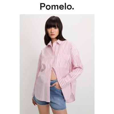 Pomelo 通勤风粉白条纹衬衫口袋刺绣宽松显瘦慵懒风长袖衬衣