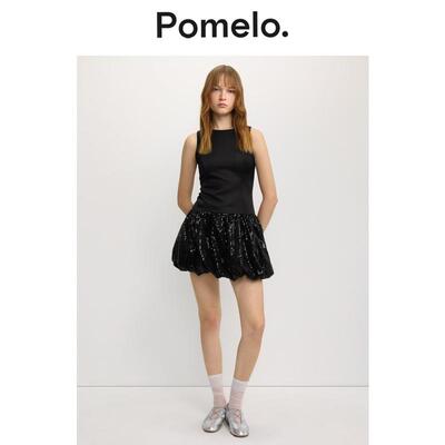 Pomelo 辣妹风黑色拼接短裙亮片花苞裙摆显瘦连衣裙女