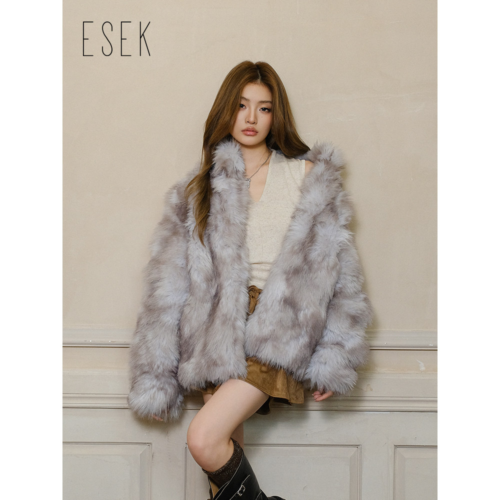 ESEK皮草外套女2025新款仿白狐毛立领毛茸茸环保皮草毛毛外套短款,女装/女士精品,皮草,淘宝优惠券,粉丝福利购,淘宝优惠卷