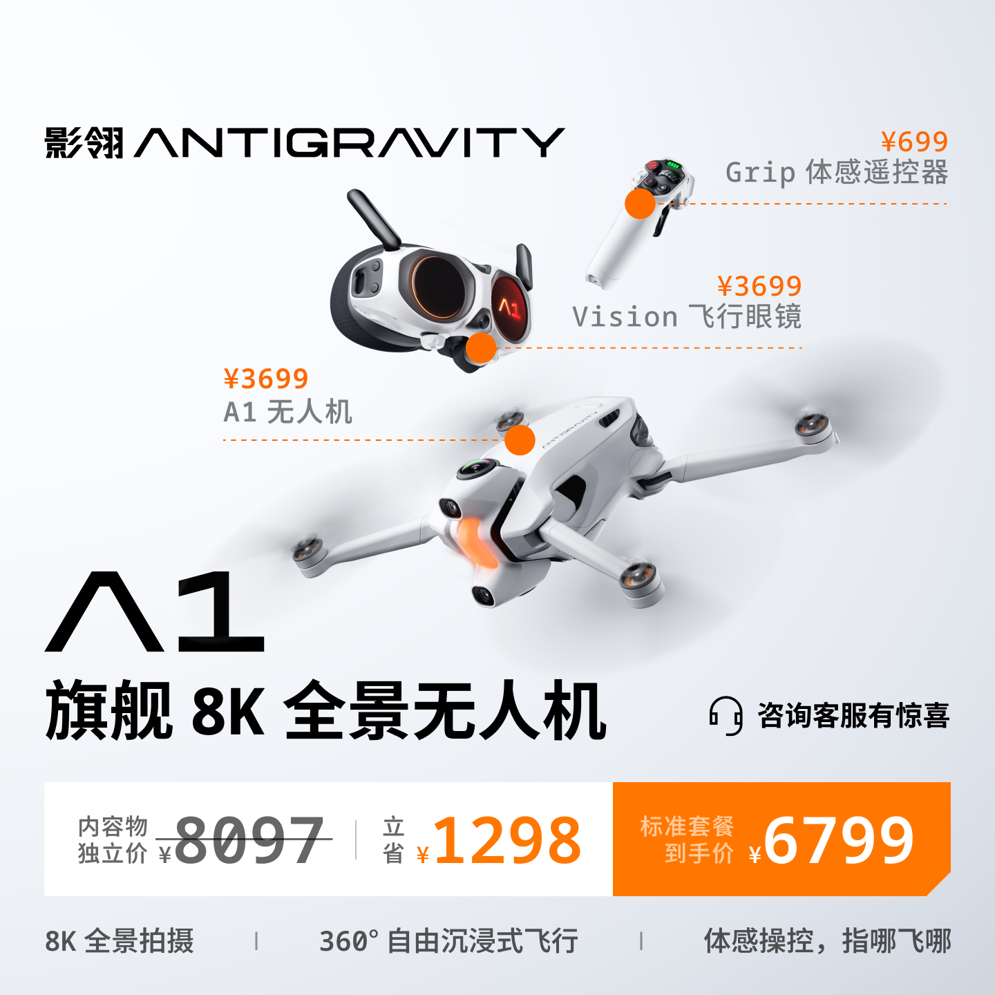 【咨询有礼】影翎Antigravity A1 全景无人机旗舰8K超清画质360&deg;全景体感操控，影石Insta360