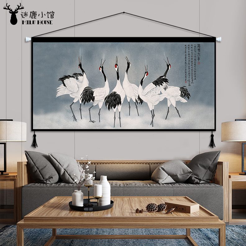 中国风背景墙酒店餐厅客厅玄关装饰画布艺书房挂毯挂画仙鹤新中式图片