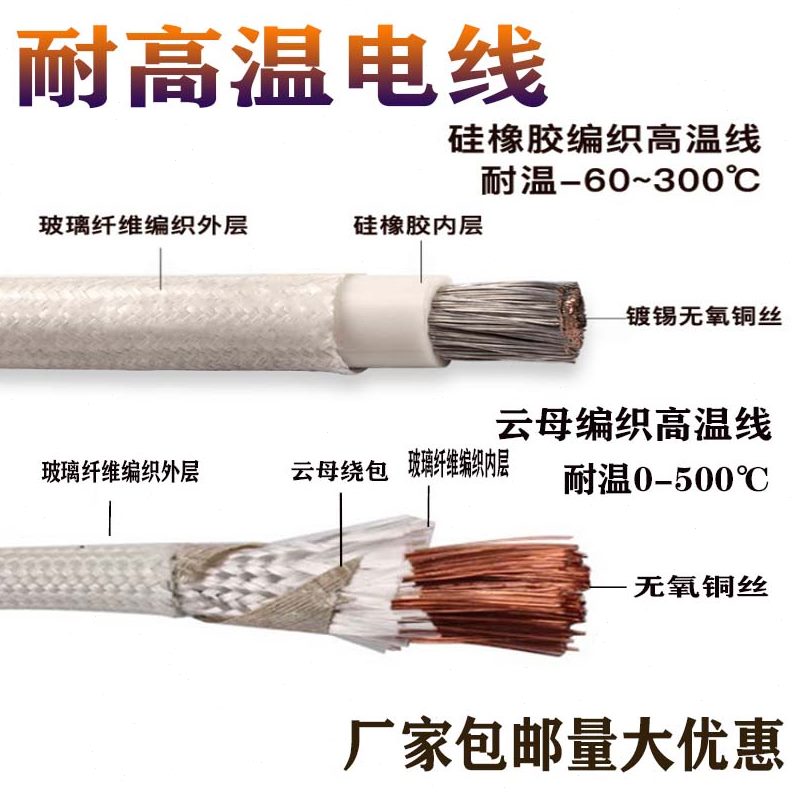 0云耐高温度母电线平方包邮50高温线2.5硅胶线防火耐高温编织燃阻