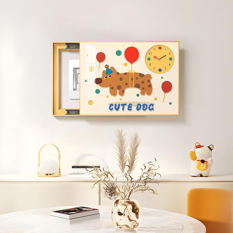 多巴胺电表箱装饰画带钟表可爱波点猫配电箱免打孔遮挡挂画